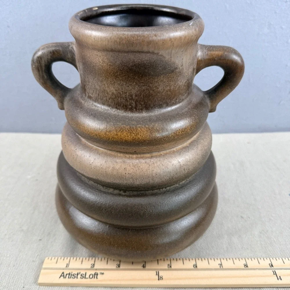 West German Pottery Vase Beehive Shape Brown Fat Lava Glaze 8